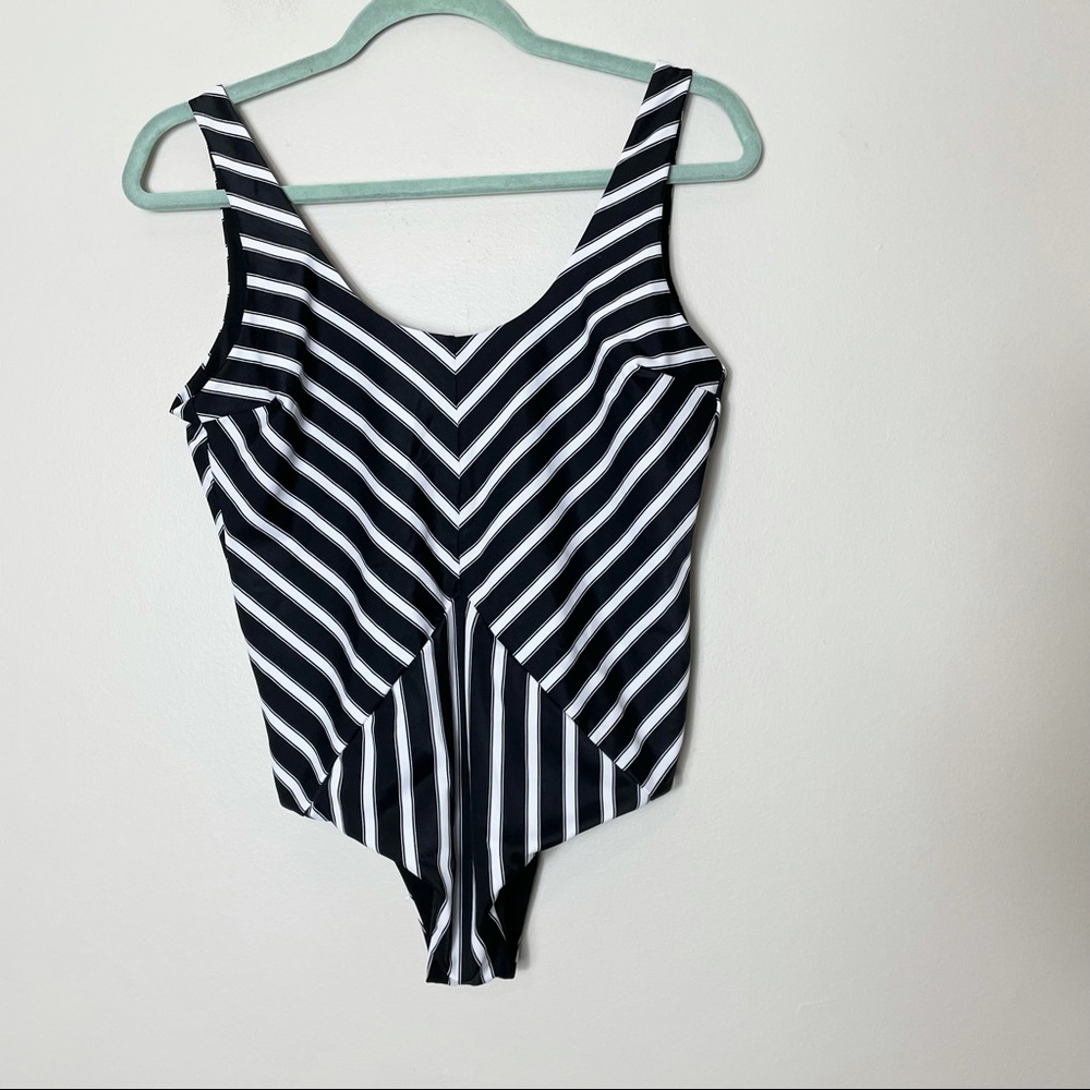 Tori Praver Black and White Striped One-Piece Swimsuit